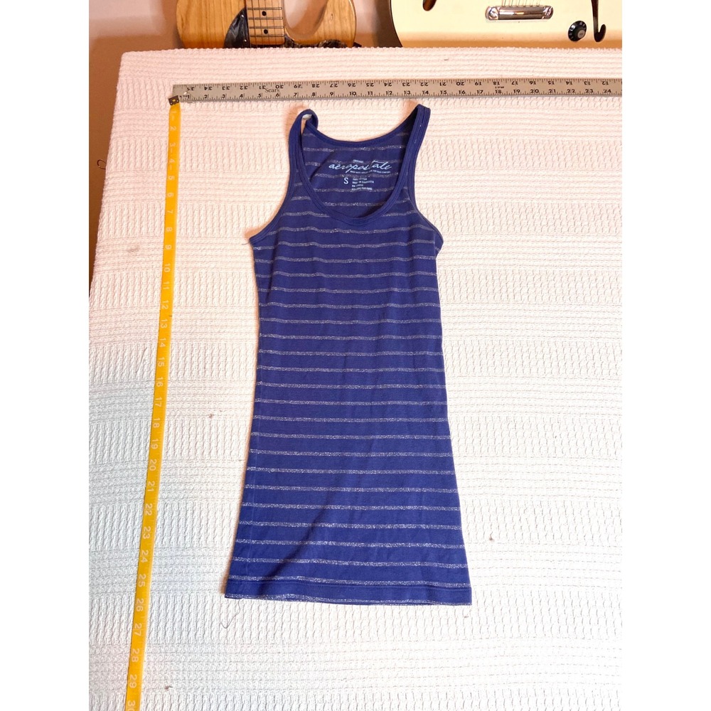 Aeropostale Womens Blue Silver Metallic Striped Ribbed Tank Top Small Cotton Y2K